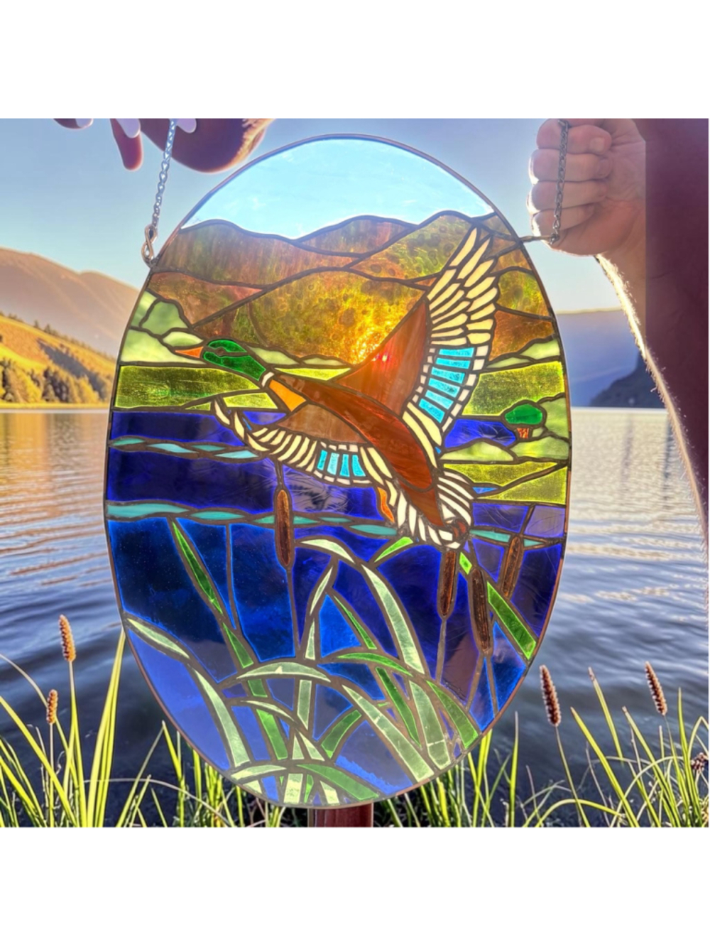 Mallard Duck Stained Glass Panel, Flying Duck Window Hanging, Wildlife Lake Art, - Picture 3 of 6